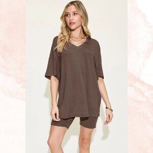 OVERSIZED V NECK BIKER SHORTS SET BOYFRIEND TEE ELASTIC BIKER SHORT